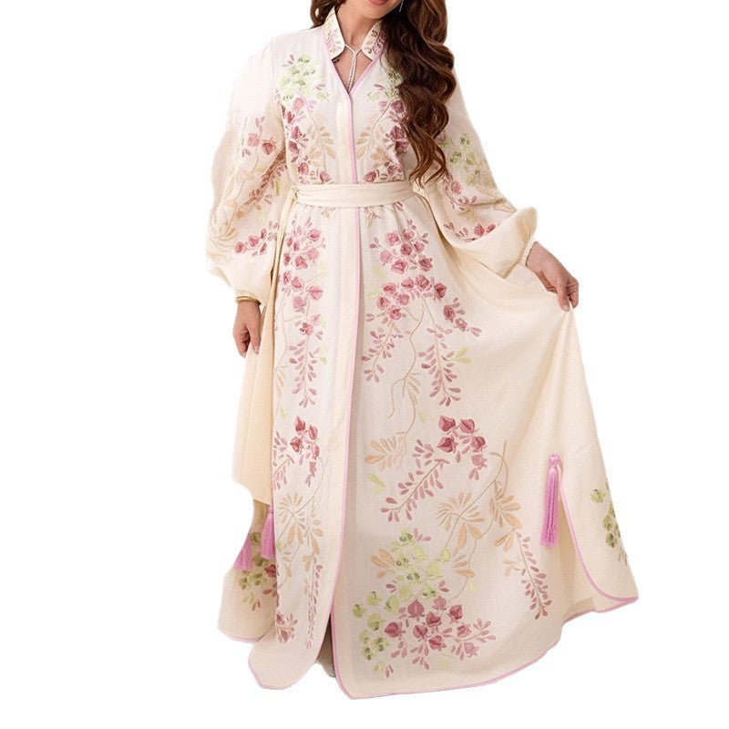 cross-border e-commerce european and american women's clothing: new summer collection - printed lantern sleeve, cinched waist, tie-waist tassel dress