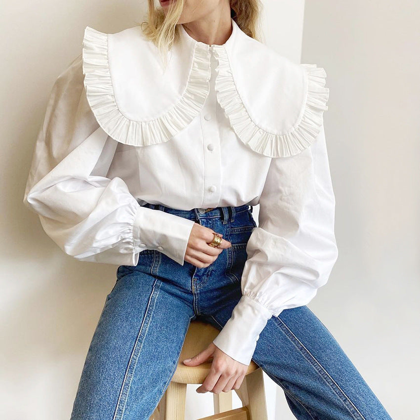 European and American fashion sweet white doll collar shirt 2024 design loose women's pure cotton cardigan long-sleeved top