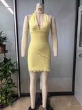tk cross-border halter dress - deep v-neck, low-cut, light yellow mesh mini dress - spicy & sexy