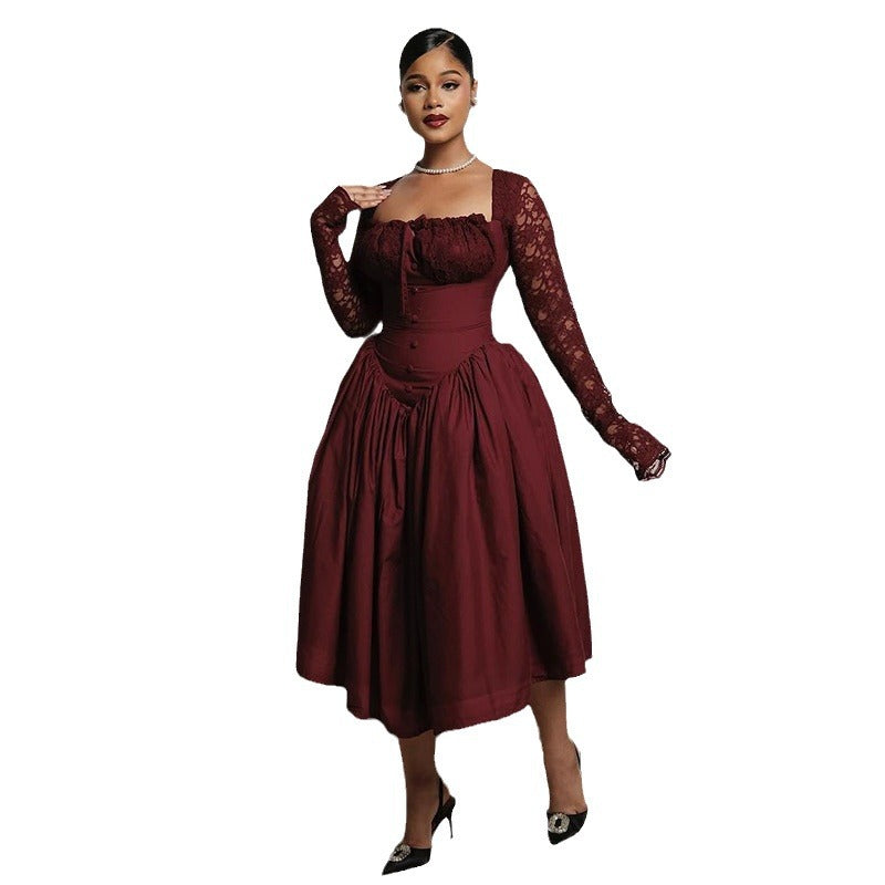 European and american cross-border women's fashion:  summer new arrival - elegant square neck lace long sleeve cinched waist solid color midi dress