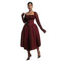 European and american cross-border women's fashion:  summer new arrival - elegant square neck lace long sleeve cinched waist solid color midi dress