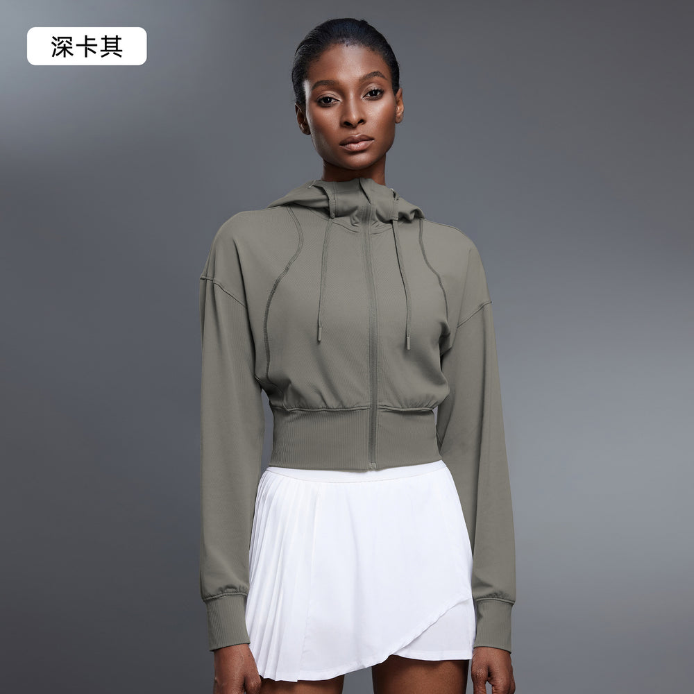 Hooded sports outwear women's spring & fallshort waist cardigan long sleeve tops yoga fitness wear jacket d25147