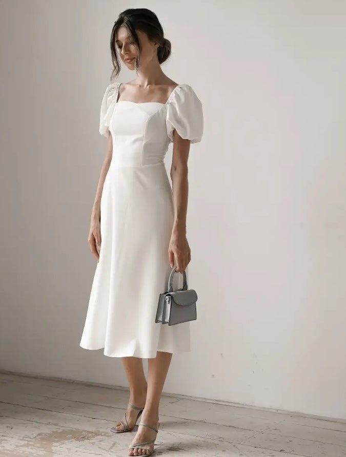 fall/winter new arrival: white bubble sleeve dress - ethereal & chic, european & american style, high-end fashion
