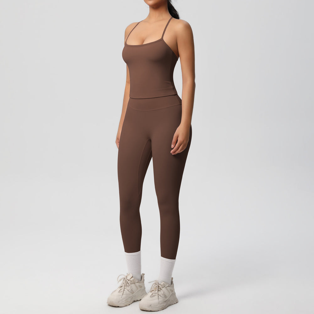 Ready-to-ship, solid color, nude-feel, double-sided brushed, racerback, form-fitting activewear yoga set – perfect for running and fitness. two-piece set