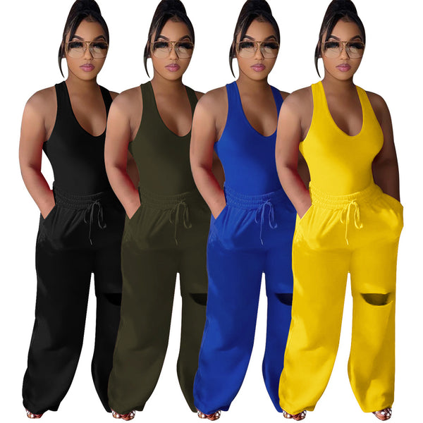 K10294  Independent Station, European and American women's clothing 2023 solid color U-neck onesie ripped wide-leg pants set new