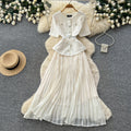Xiaoxiangfeng pink a-line heavy industry pleateddress women's summer short-sleeved high waist waist pleated long skirtaccessible luxuryelegant