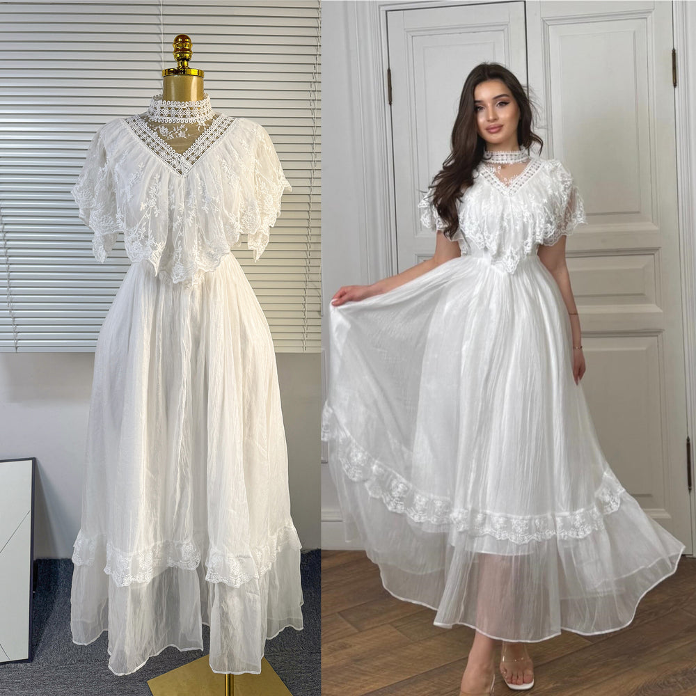 summer new arrival: white lace patchwork flowy elegant vintage lightweight maxi dress