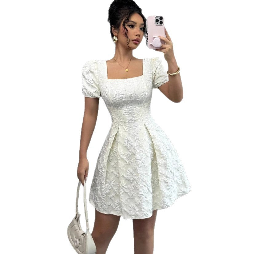 European and american cross-border  summer slim-fit women's elegant jacquard solid color puff sleeve square neck a-line dress
