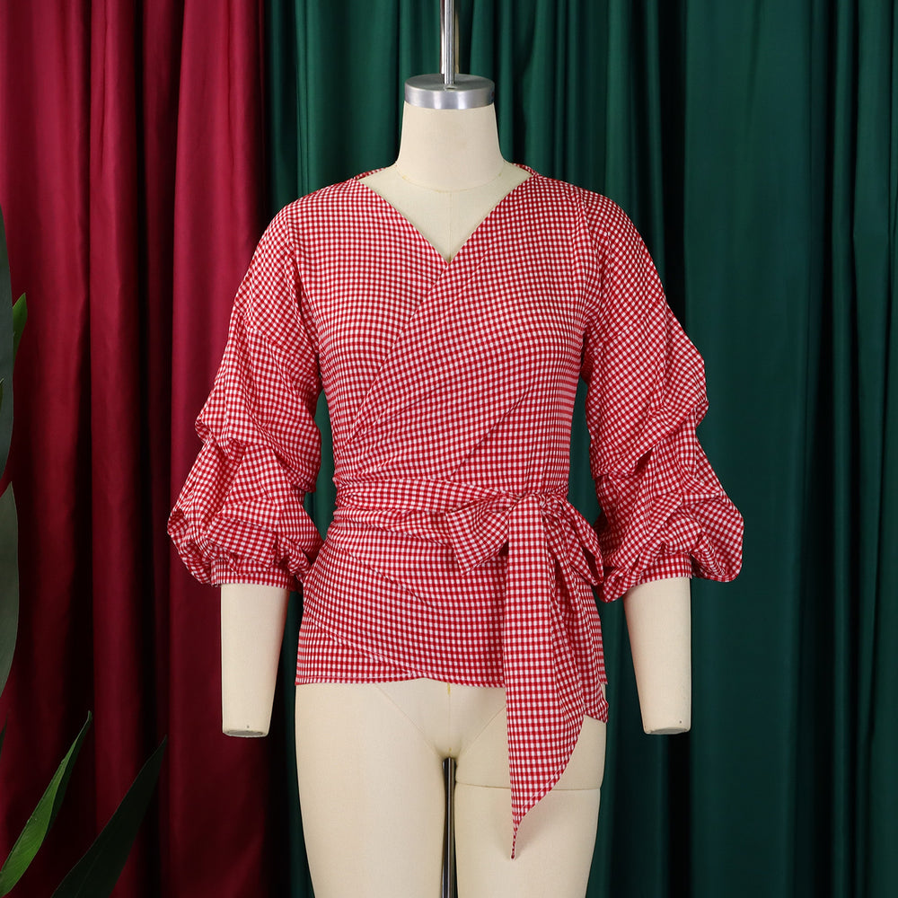 D3319export summer large size fashion v neck puff sleeve large bow decoration shirt plaid strap european and american tops