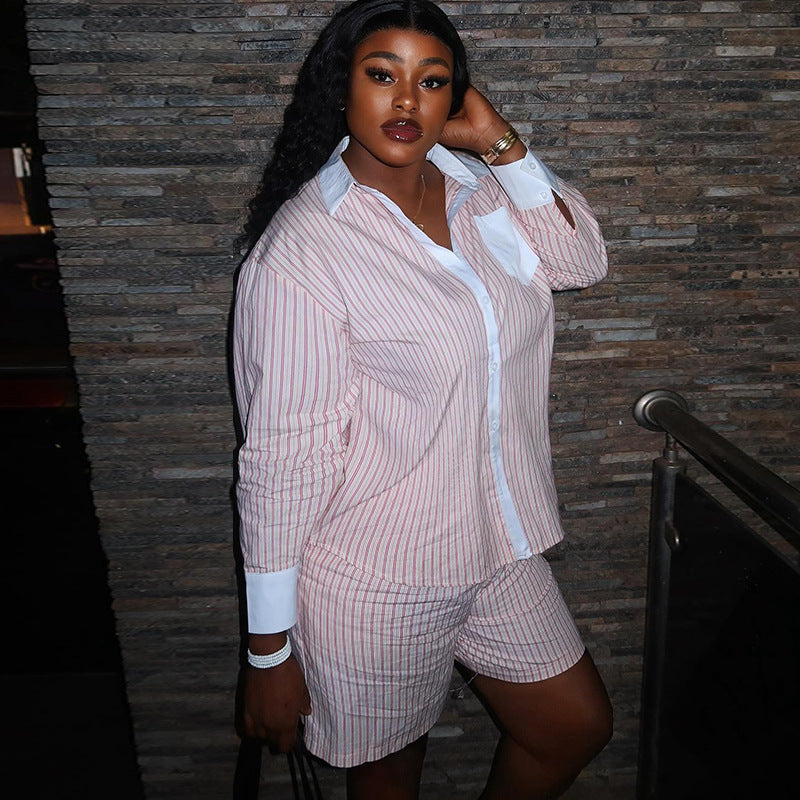 European and american cross-border women's fashion:  autumn new collection - stylish pink striped long-sleeve shirt and wide-leg shorts set with turn-down collar