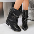 Exportplus size short boots for women  autumn winternew arrivalfashion rivet belt buckle thick heel export trouser boots wholesale