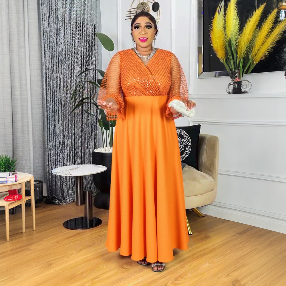 Women's dress cross-border african new style large sleeves loose casual rhinestone robe