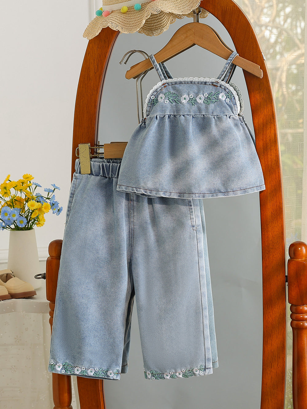 hot selling baby girl doll style embroidered cami top + heavy-duty washed denim pants two-piece set