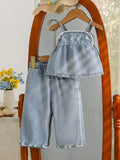 hot selling baby girl doll style embroidered cami top + heavy-duty washed denim pants two-piece set