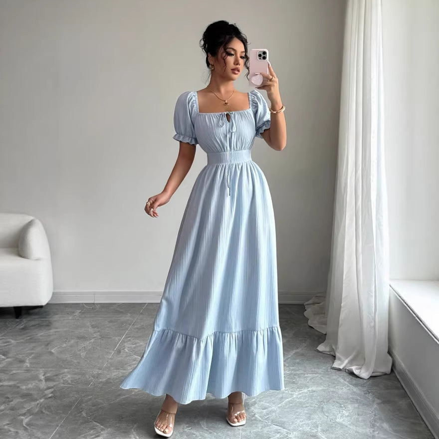 spring women's fashion: european and american fresh & elegant lace-up square neck dress - youthful, backless, ruffle sleeve french style dress