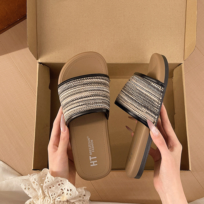 French knit one-strap slippers for women, summer outdoor wear, 2026 new roman ethnic style beach flat sandals