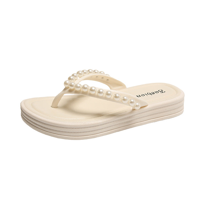 Pearl flip-flops women's summer outwear flip-flops toe sandals french low heel beach roman niche new sandals