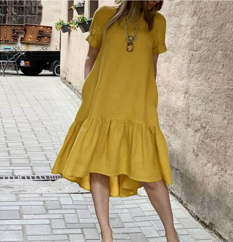 cross-border solid color crew neck short sleeve cotton pullover ruffle hem midi dress for women