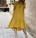 cross-border solid color crew neck short sleeve cotton pullover ruffle hem midi dress for women