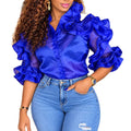 Autumn new european and american design shirt collar top - multi-layered ruffle trim, cinched waist, versatile commute shirt