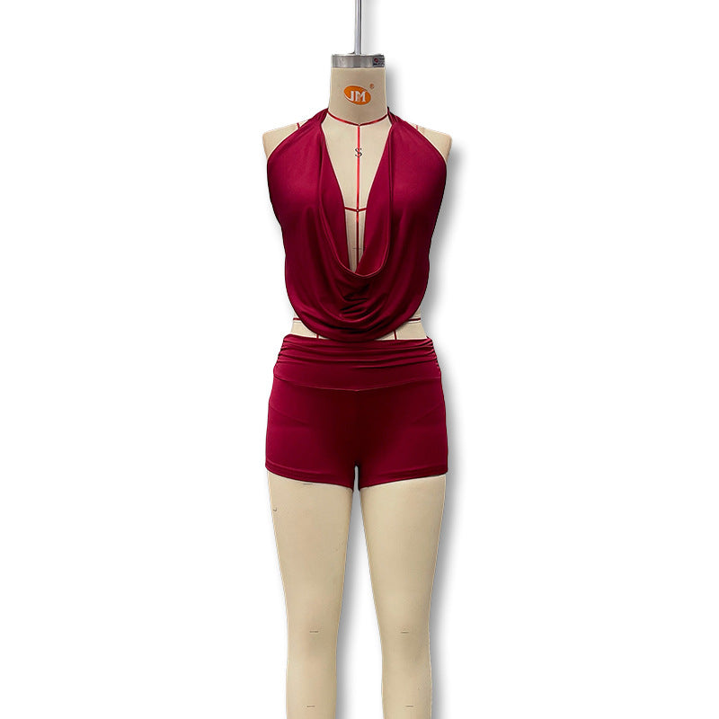 fashion  summer new sexy swing neck halter neck tie backless tops shorts two-piece suit for women