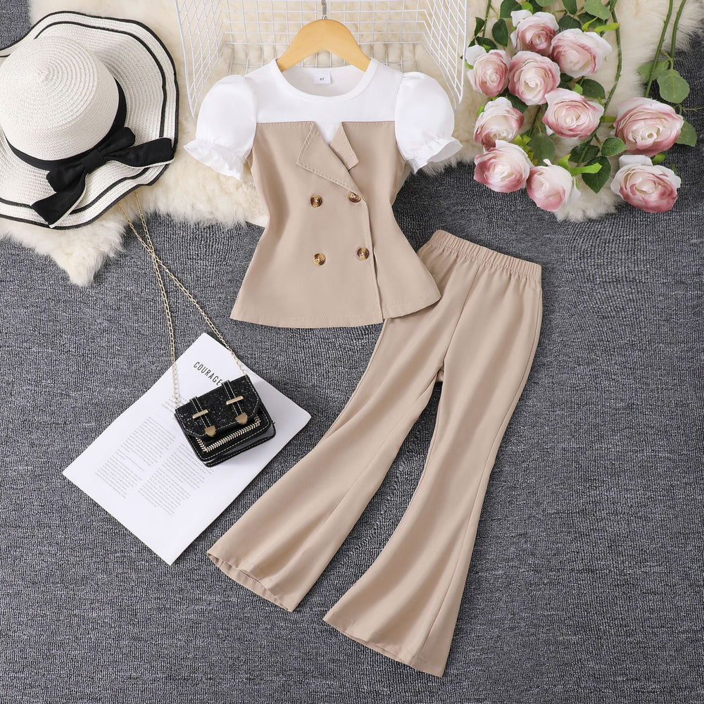 Girls' two-piece outfit: patchwork button-down top + solid color pants set