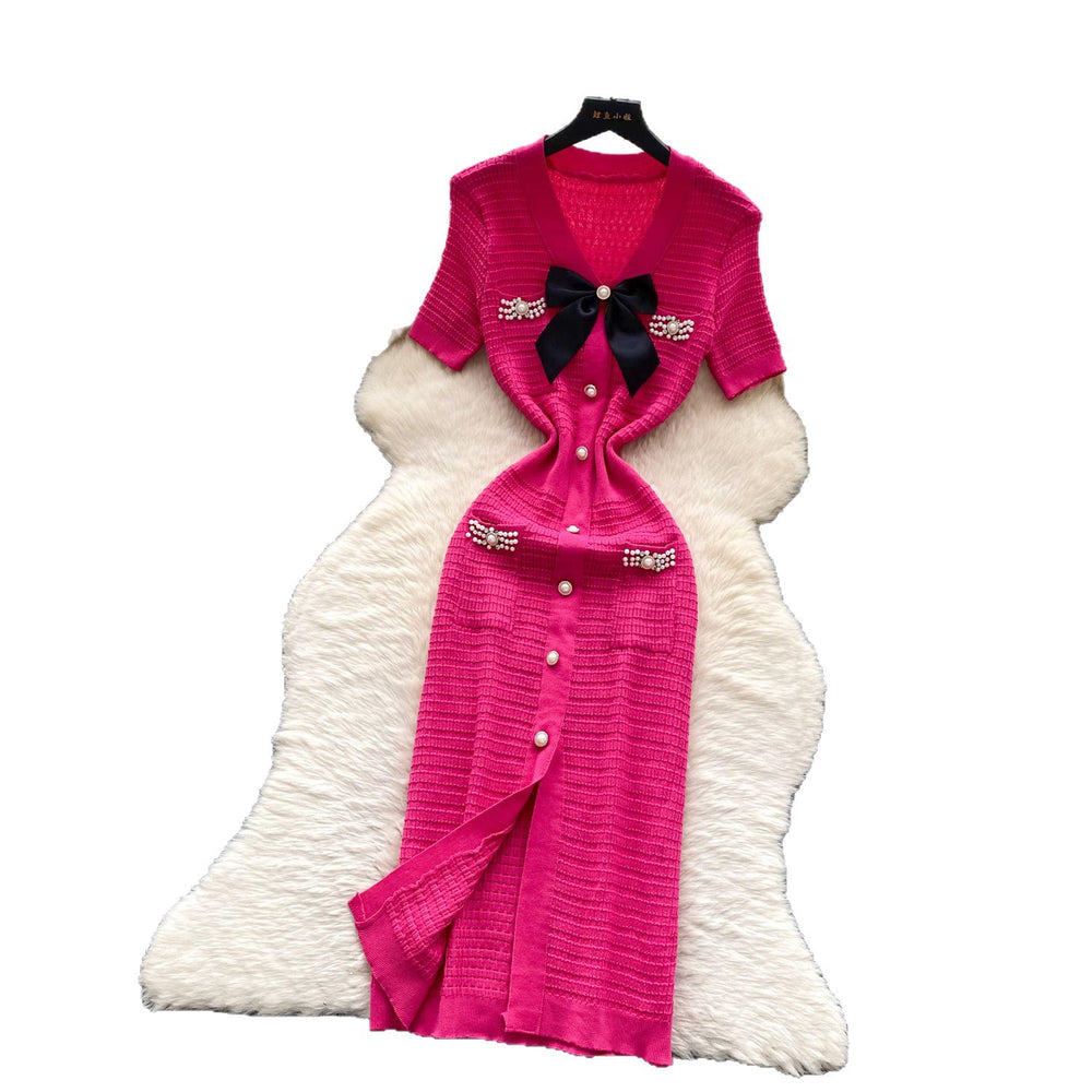 Korean style socialite v-neck knitted dress - women's summer bowknot rhinestone embellished slimming design - stunning elegant long dress