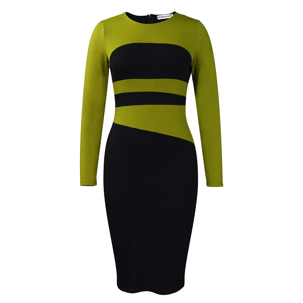 D397 european and american women's clothing  new fashion elegant and chic slim-fit ol color block bodycon plus size african dress