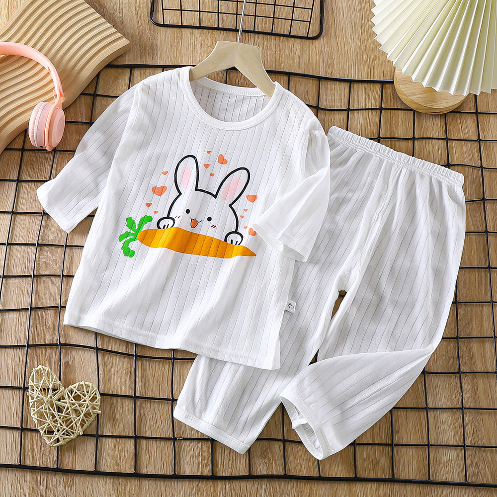 Kids' 100% cotton loungewear set - lightweight, breathable, three-quarter sleeve, air conditioning suit for boys and girls, baby summer long-sleeve pajamas