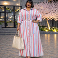 European and american cross-border women's fashion:  summer new arrivals - stylish and elegant striped button-down casual shirt dress (long length)