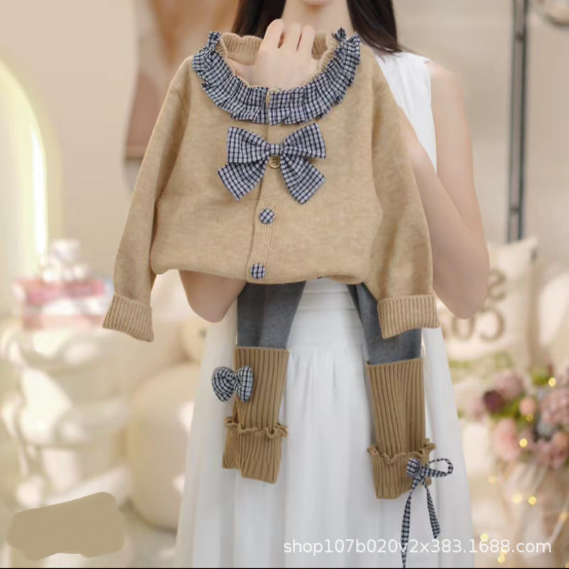 fall/winter new korean style ruffle trim round neck knitted cardigan women's designer bow sweater jacket