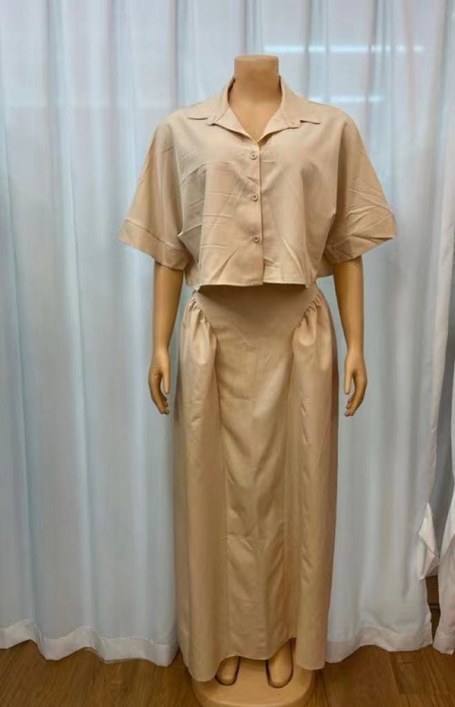 European and American new loose lapel cardigan short-sleeved top, solid color half-length skirt suit women's clothing