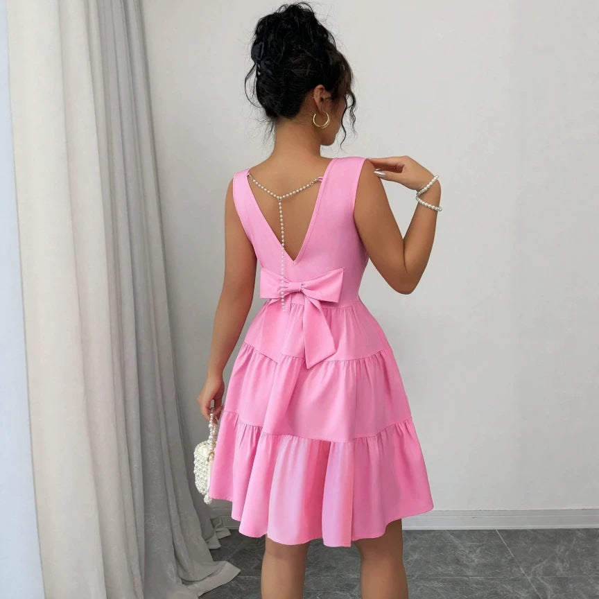 european and american cross-border bowknot backless sleeveless tank dress with cinched waist