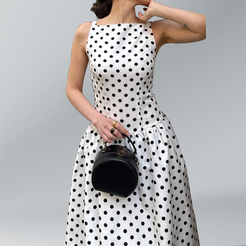 cross-border e-commerce european and american women's clothing: new summer collection - elegant polka dot slimming french dress with cinched waist