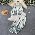 Export cross-border retroprintingfashiontwo-piece set women's polo collar long sleevesshirtloose pantselegantwork clothingsuit