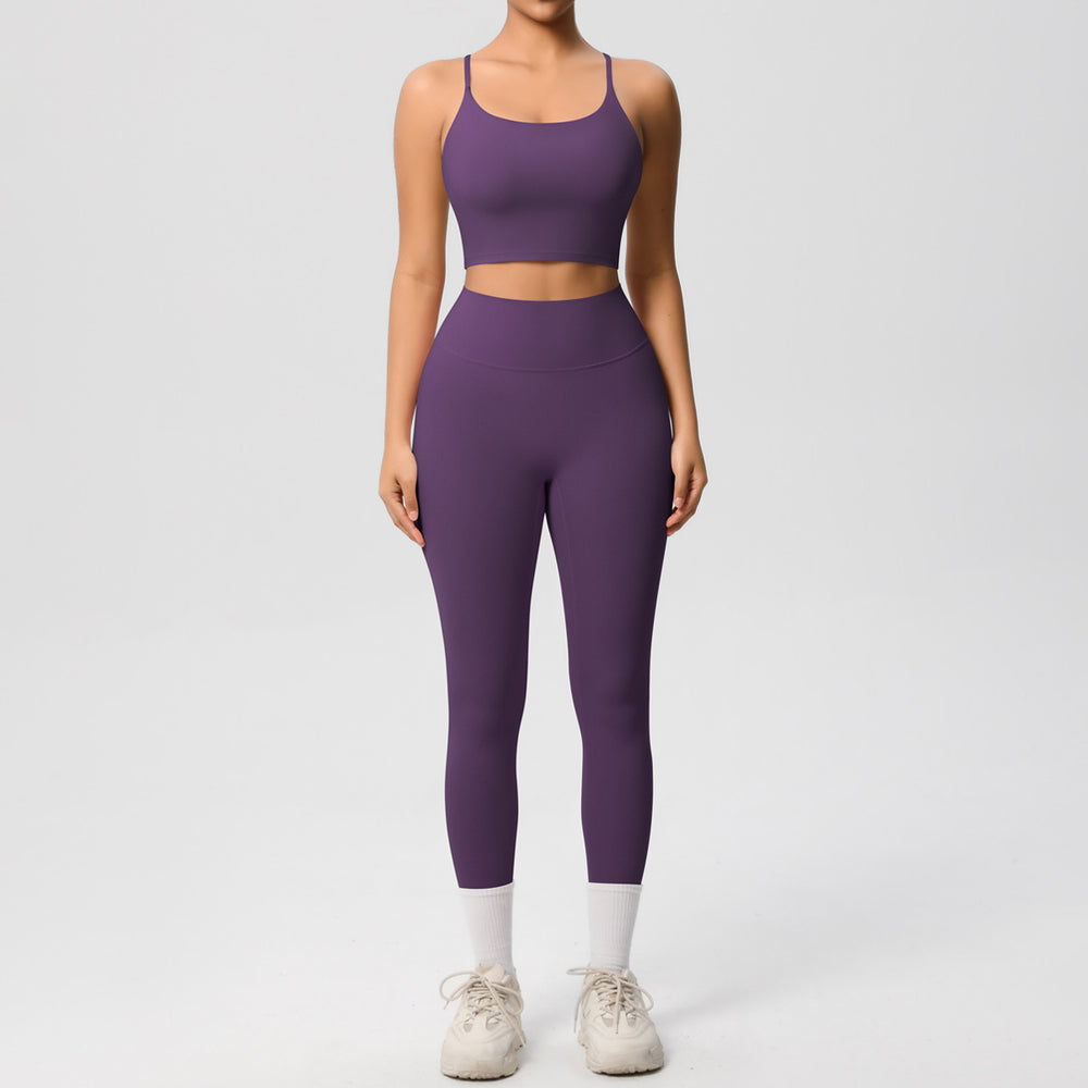 New arrival: double-sided brushed solid color seamless back compression yoga set - breathable workout outfit for running and fitness (two-piece)