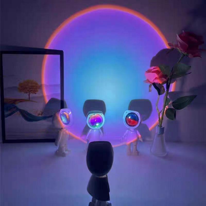 Easy-to-carry little flying man rainbow astronaut sunset lamp - trendy sunset projection night light for bedroom ambiance & photoshoots