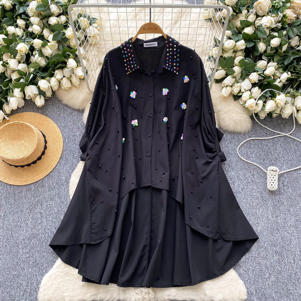 Fashionfashionable heavy industry beading stereo flower shirt women's sense of design asymmetrical loose bat sleeve tops