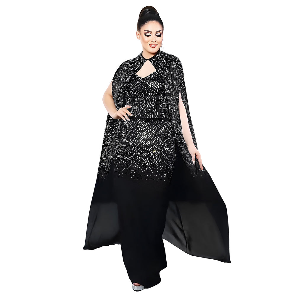 C7292 cross-border   fashion women's sexy rhinestone bodycon sheer cape dress