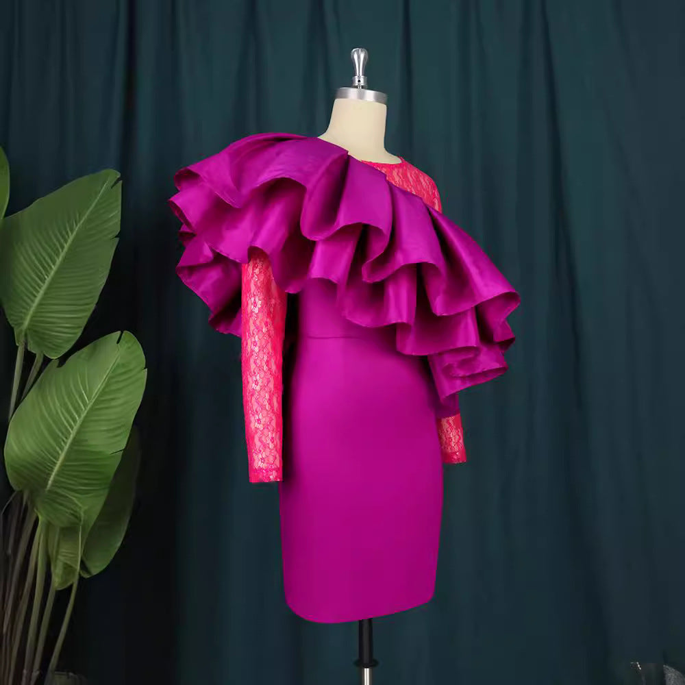 Plus size women's birthday party evening dress - unique mesh panel ruffle hem party dress