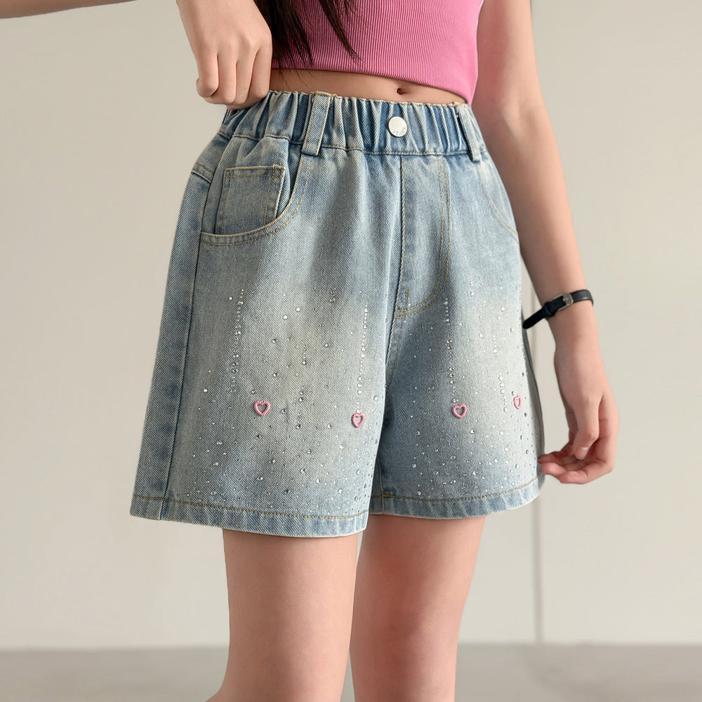 Girls' denim shorts - summer lightweight kids' pants,  new stylish design, cute rhinestone hot pants for older girls, perfect for outdoor wear
