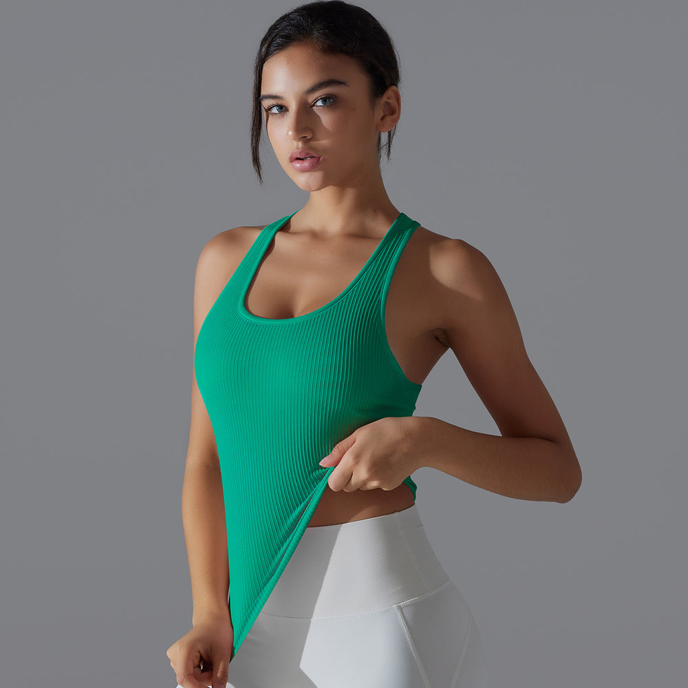 fashionpure color thread high elastic tight i-shaped long vest sports running fitness yoga wear tops for women