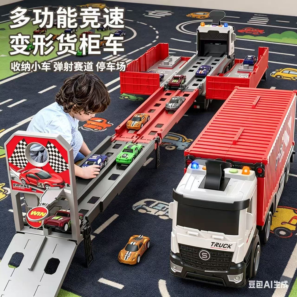 Kids alloy storage rail car deformation ejection large truck transport container truck track sliding toy cross-border