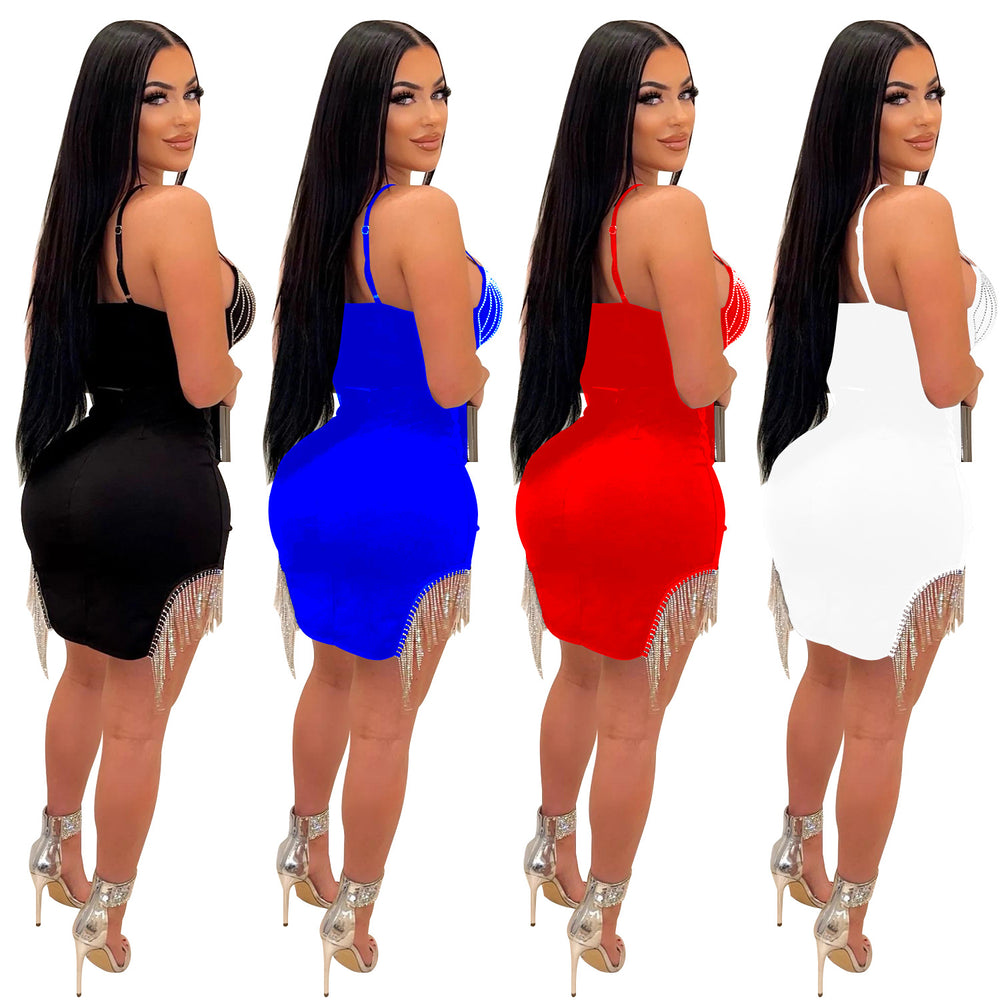 C6233 cross-border   fashion women's hot diamond sleeveless suspender skirt two-piece set