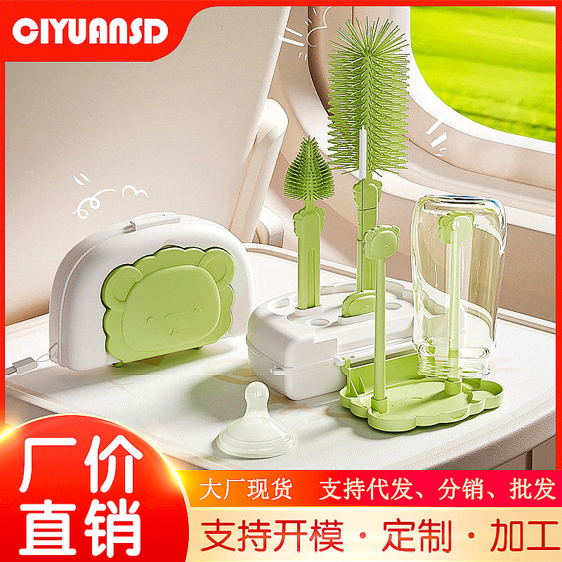 Cartoon baby bottle brush set - portable silicone nipple brush, baby cleaning brush, travel size with drain rack