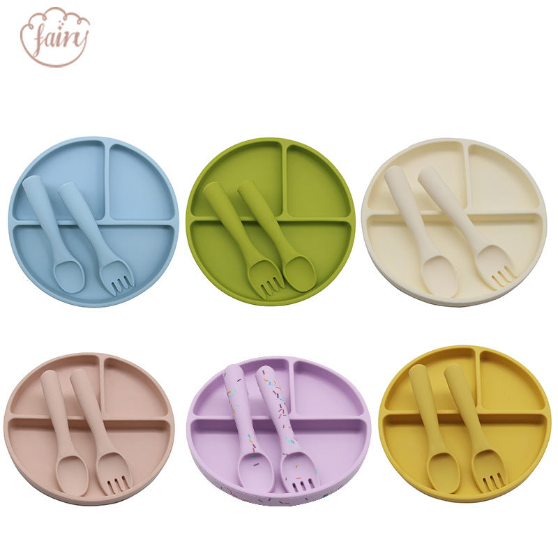 Cross-border Baby Silicone Plate Silicone Children's Grid Plate Integrated Supplementary Food Children's Tableware Set