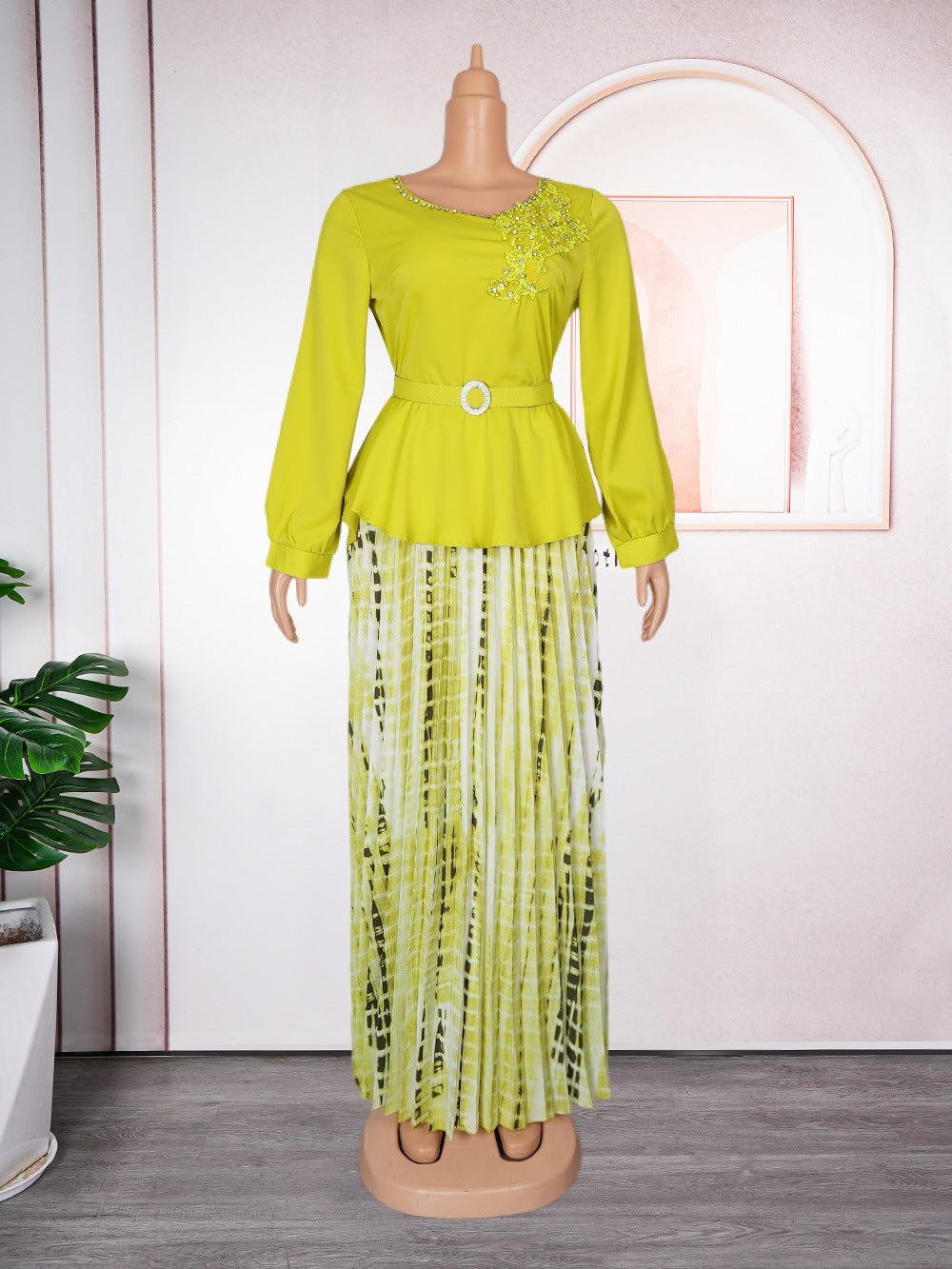 african women's plus size embroidered & beaded dress -  chic commute two-piece pleated skirt set