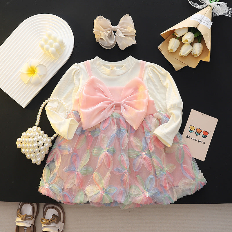 Girls' floral bow gauze dress - new autumn  stylish and chic children's wear - sweet princess dress for baby girls