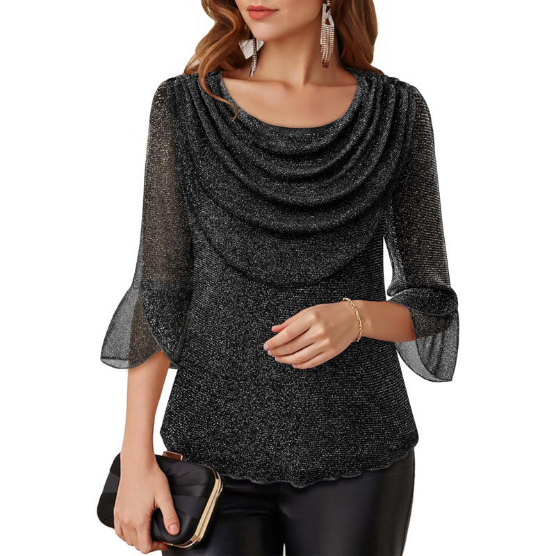 Amazon fashion retrocasual three-quarter sleeve shirt for women summernew arrival swing collar shinytops