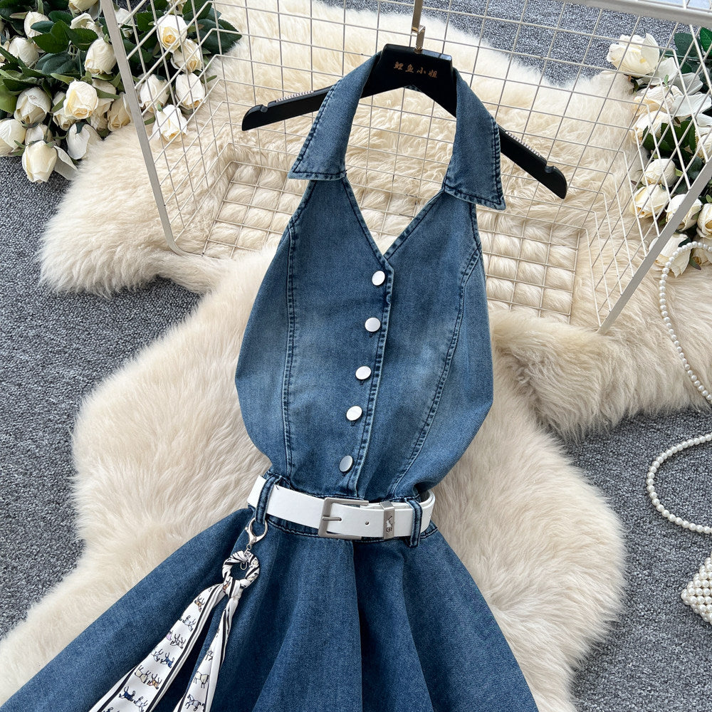 French riviera style halter sleeveless dress - women's summer cinched waist slimming tiered ruffle cake dress